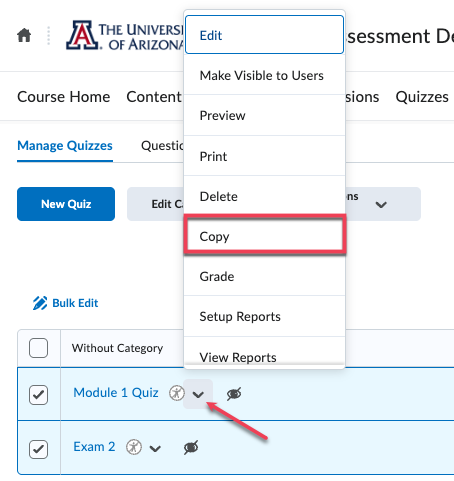 Copy on the Actions Menu