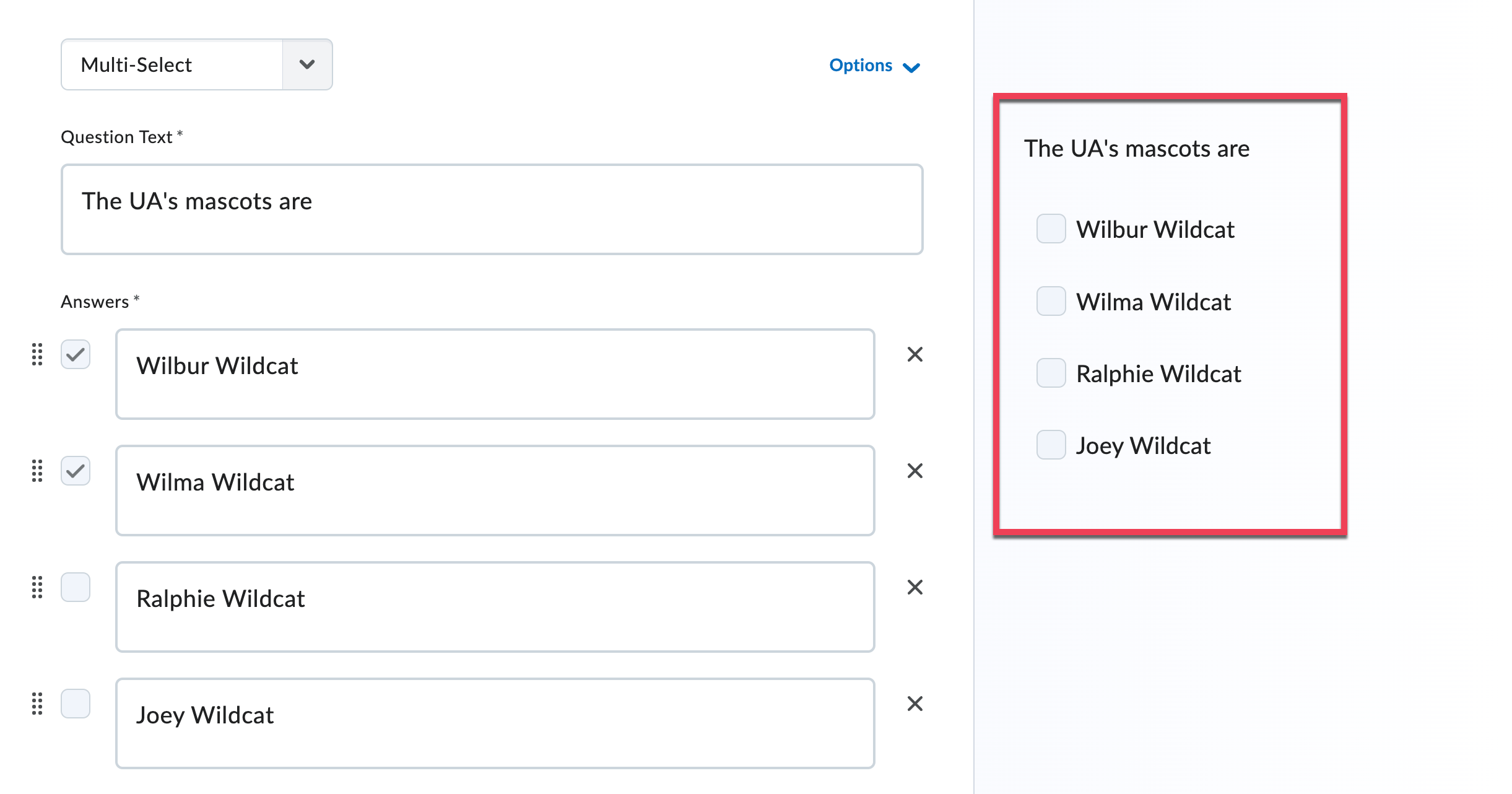 Actual Quiz view is on the right hand side