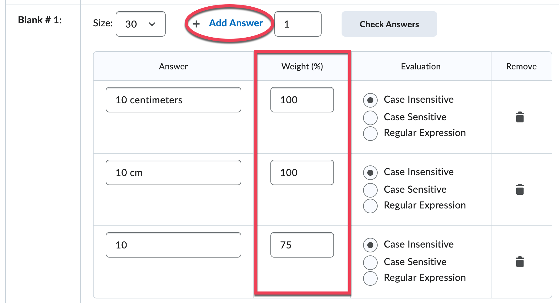 10 centimeter or 10 cm each get 100%. If students enter 10 without specifying units, they receive 75%,