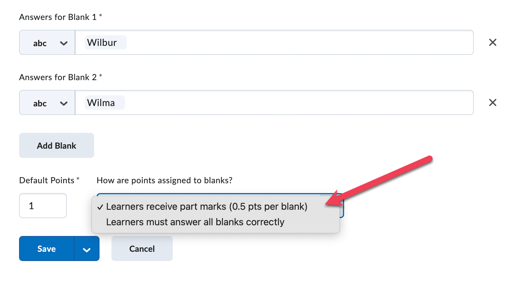Settings for assigning points to blanks