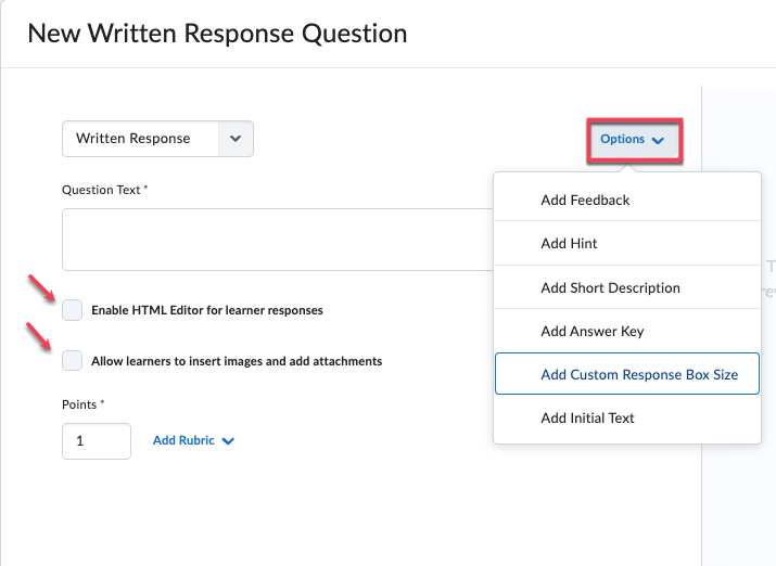 Options: Add Feedback, Add Hint, Add Short Description, Add Answer Key, Add Custom Response Box Size, Add Initial Text