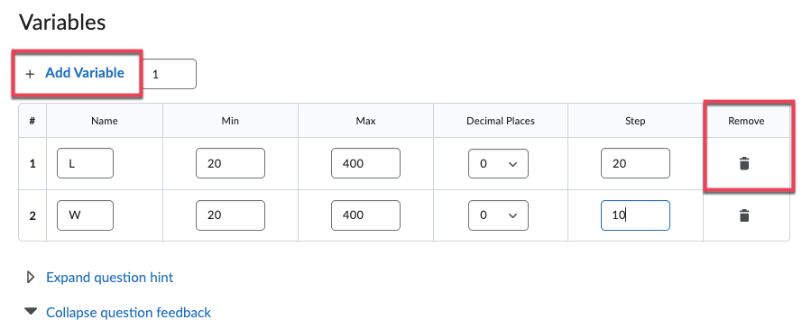 Add or remove Variables, then assign values