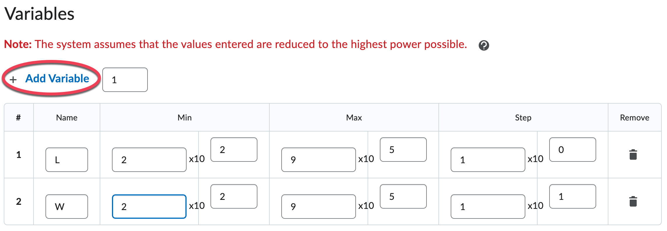 Add or remove variables, then fill in the values