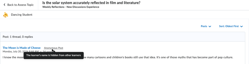 Instructor view of an anonymous discussion post showing the Anonymous Post label and a tooltip indicating the learner's identity is hidden from classmates.