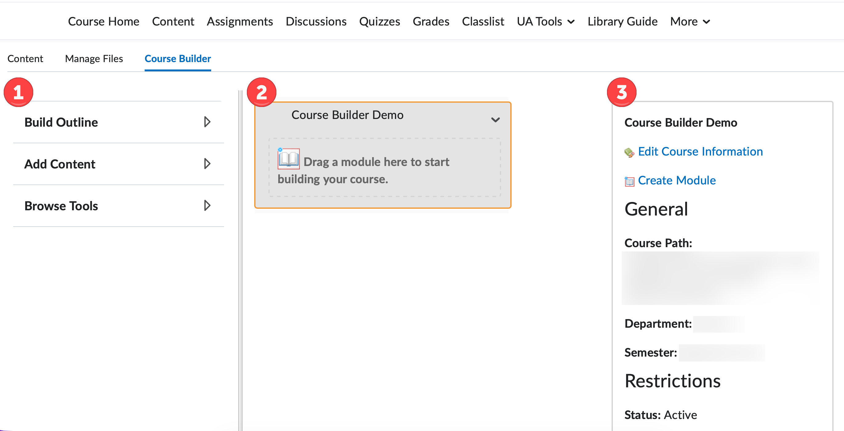 Image showing Course Builder interface, numbered to indicate the three different panels