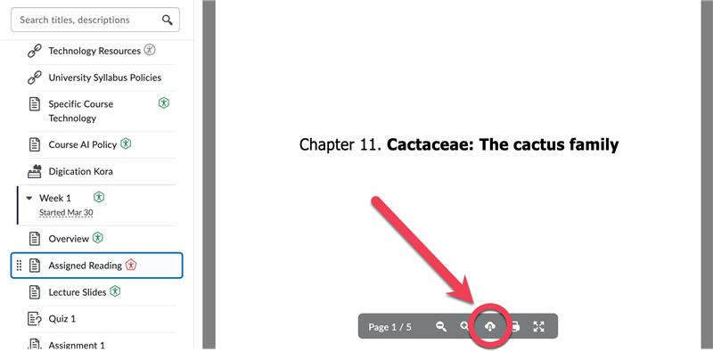 Image showing control panel at the bottom of the page with an arrow and circle indicating the download icon