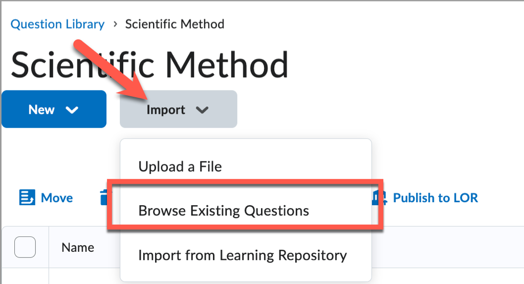 Question Library with the Import menu expanded and Browse Existing Questions highlighted.