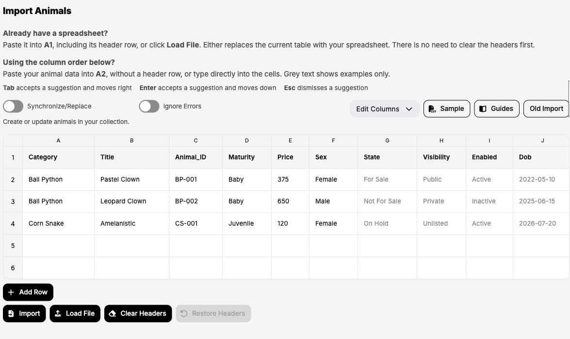 Animal import spreadsheet with three example animals and the Import, Load File, and Edit Columns controls.