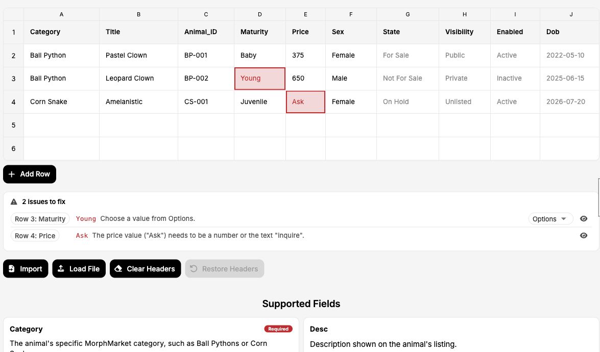 Two invalid cells highlighted in red, with error explanations, an Options menu, and eye buttons below the spreadsheet.