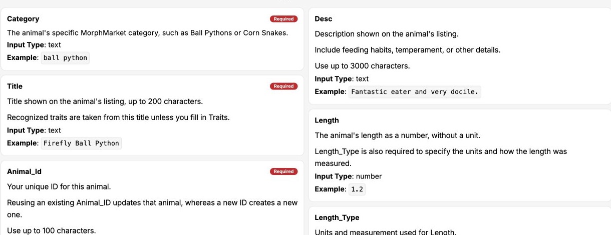 Supported Fields reference showing required fields, input types, descriptions, and examples.