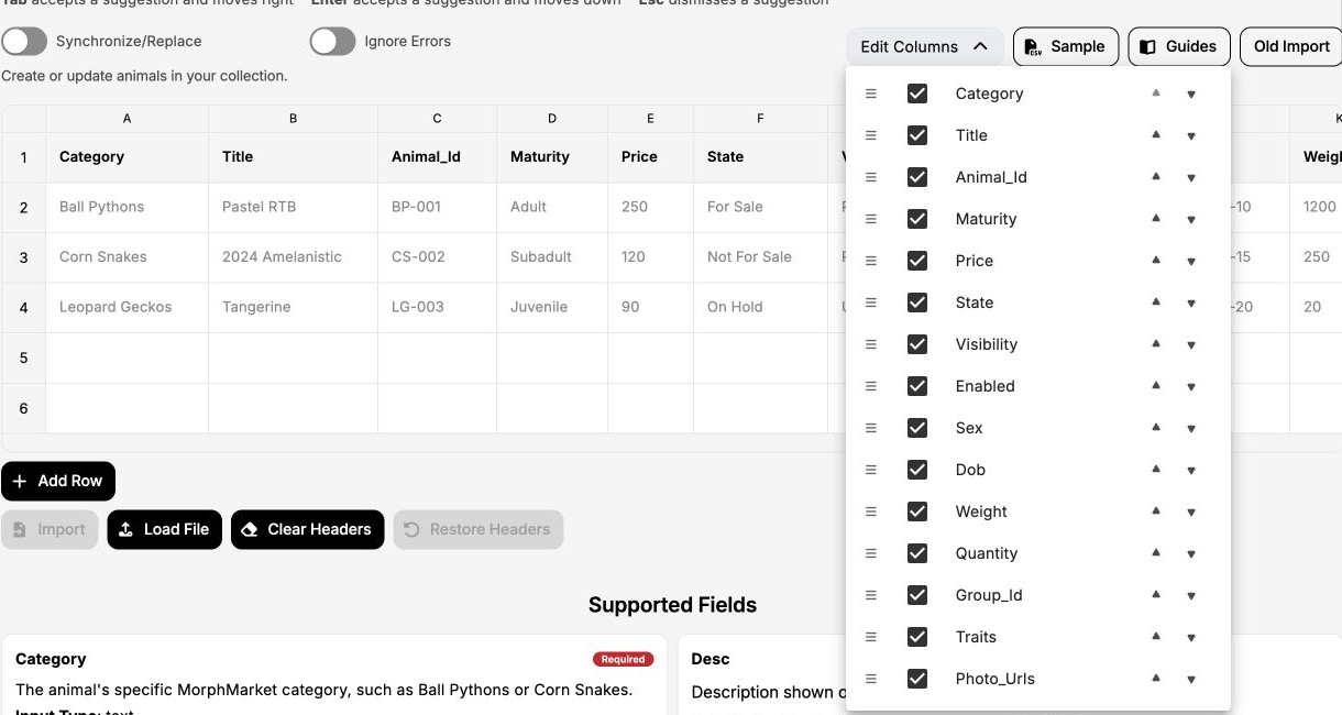 Edit Columns menu with visibility checkboxes, drag handles, and buttons to move columns up or down.