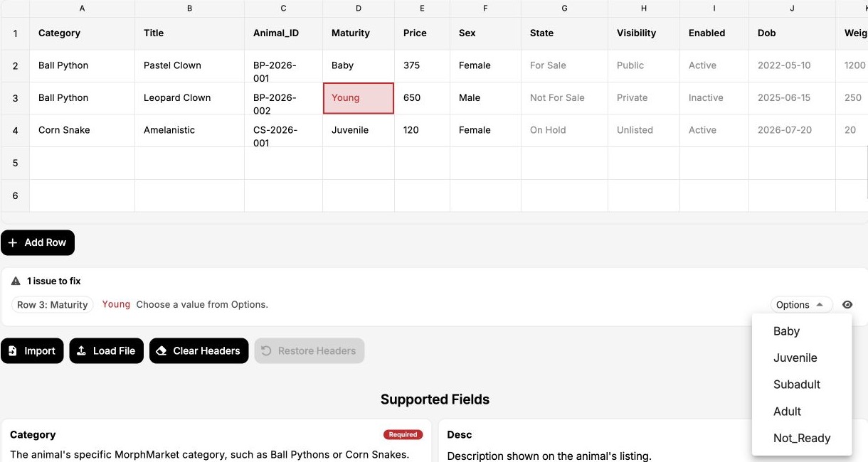 Maturity validation error with the Options menu open, showing Baby, Juvenile, Subadult, Adult, and Not Ready.