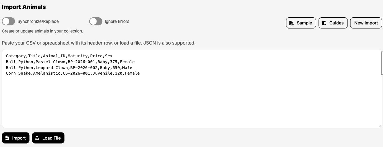Old Import screen with a CSV header, three example animal rows, Load File and Import controls, and the New Import switch.