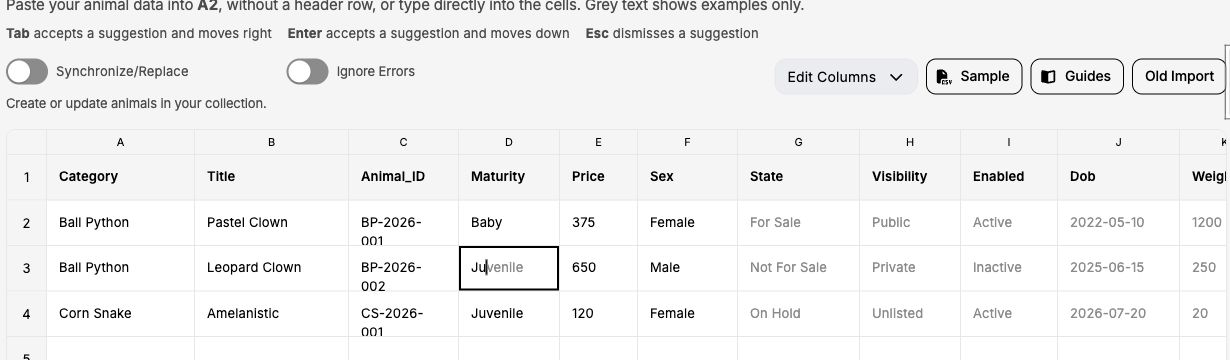 Typing Ju in a maturity cell suggests Juvenile; Tab or Enter accepts the suggestion.