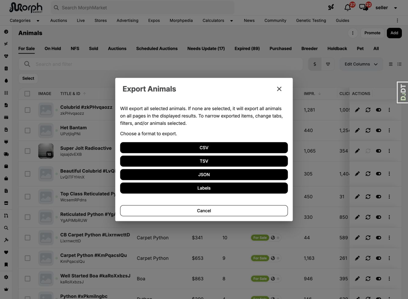 Export Animals dialog explaining selection and filters, with CSV, TSV, JSON, and Labels export options.