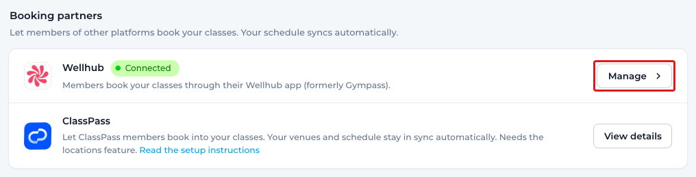 The Booking partners section on the Integrations page, with the Manage button next to Wellhub