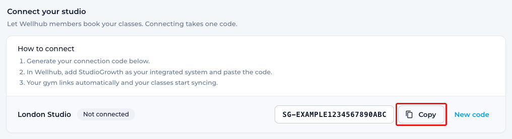 The Connect your studio section with an example connection code and the Copy and New code buttons