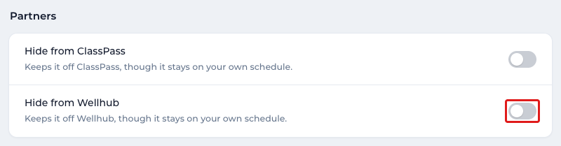 The Partners section of the class form with the Hide from Wellhub switch