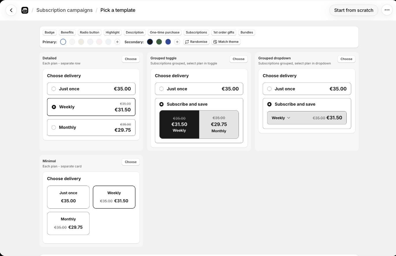 Pick a template page with the feature chips, colour swatches and four template previews
