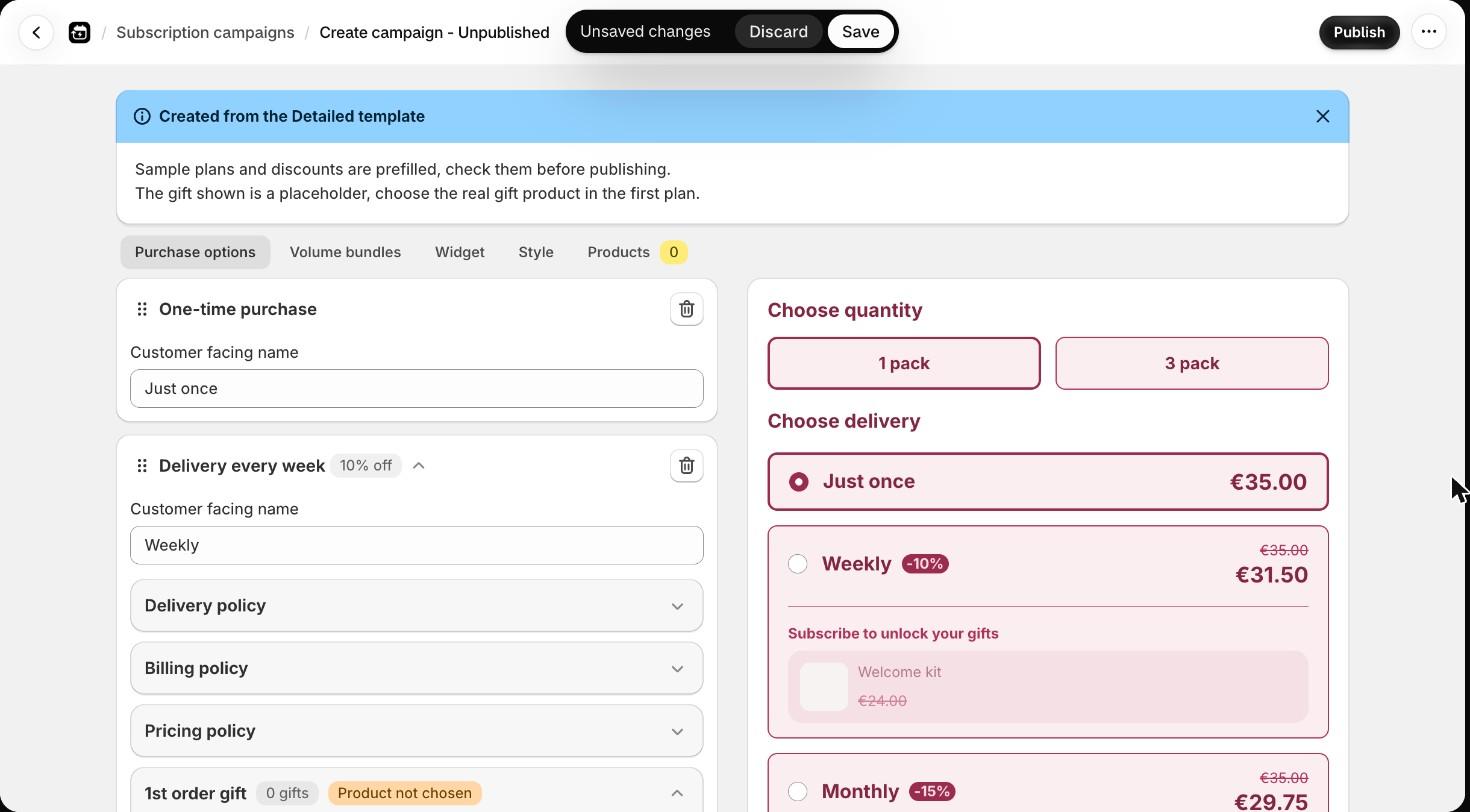 Campaign editor with the Created from the Detailed template banner
