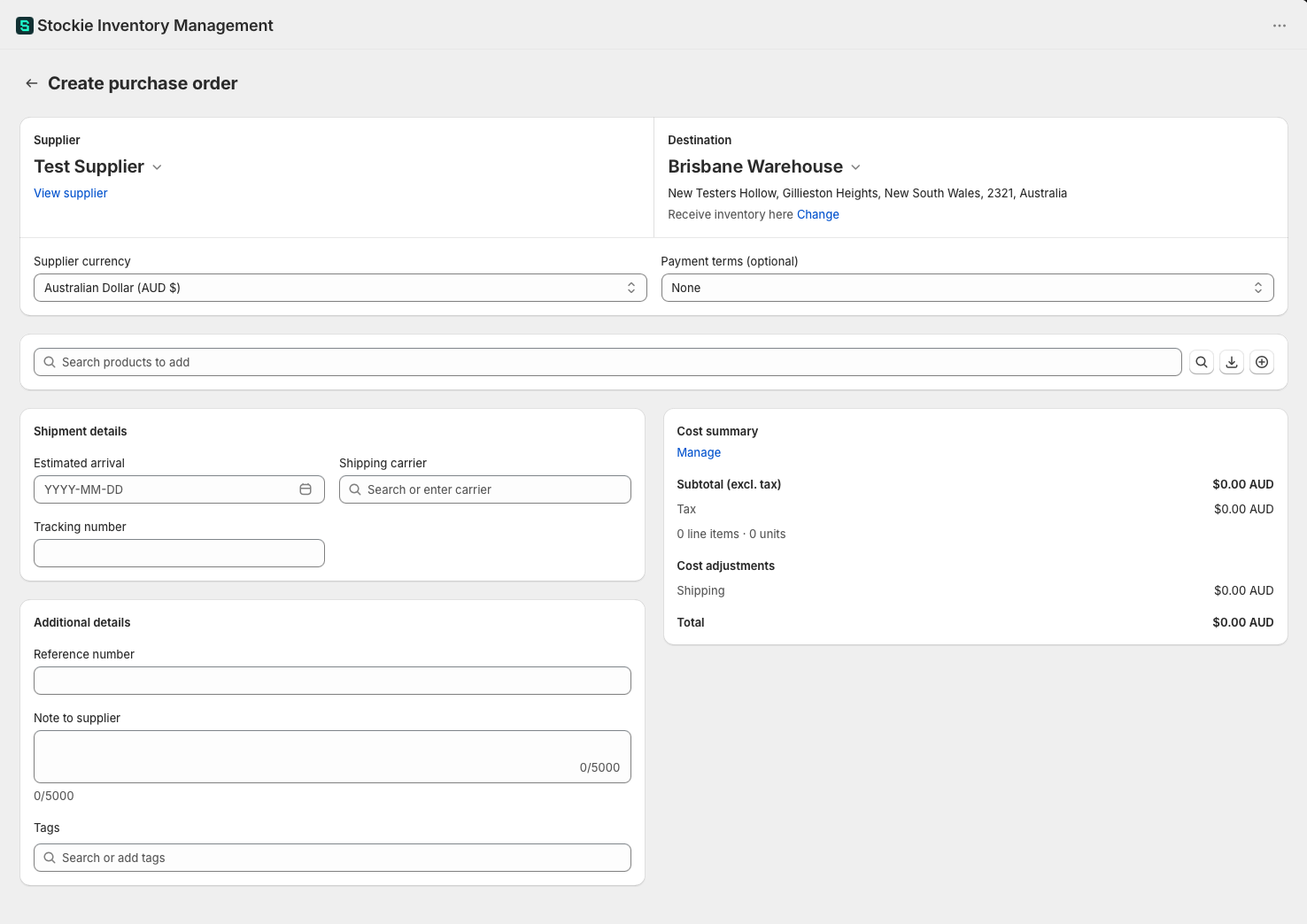 The empty purchase order form with Select supplier and Select destination in view