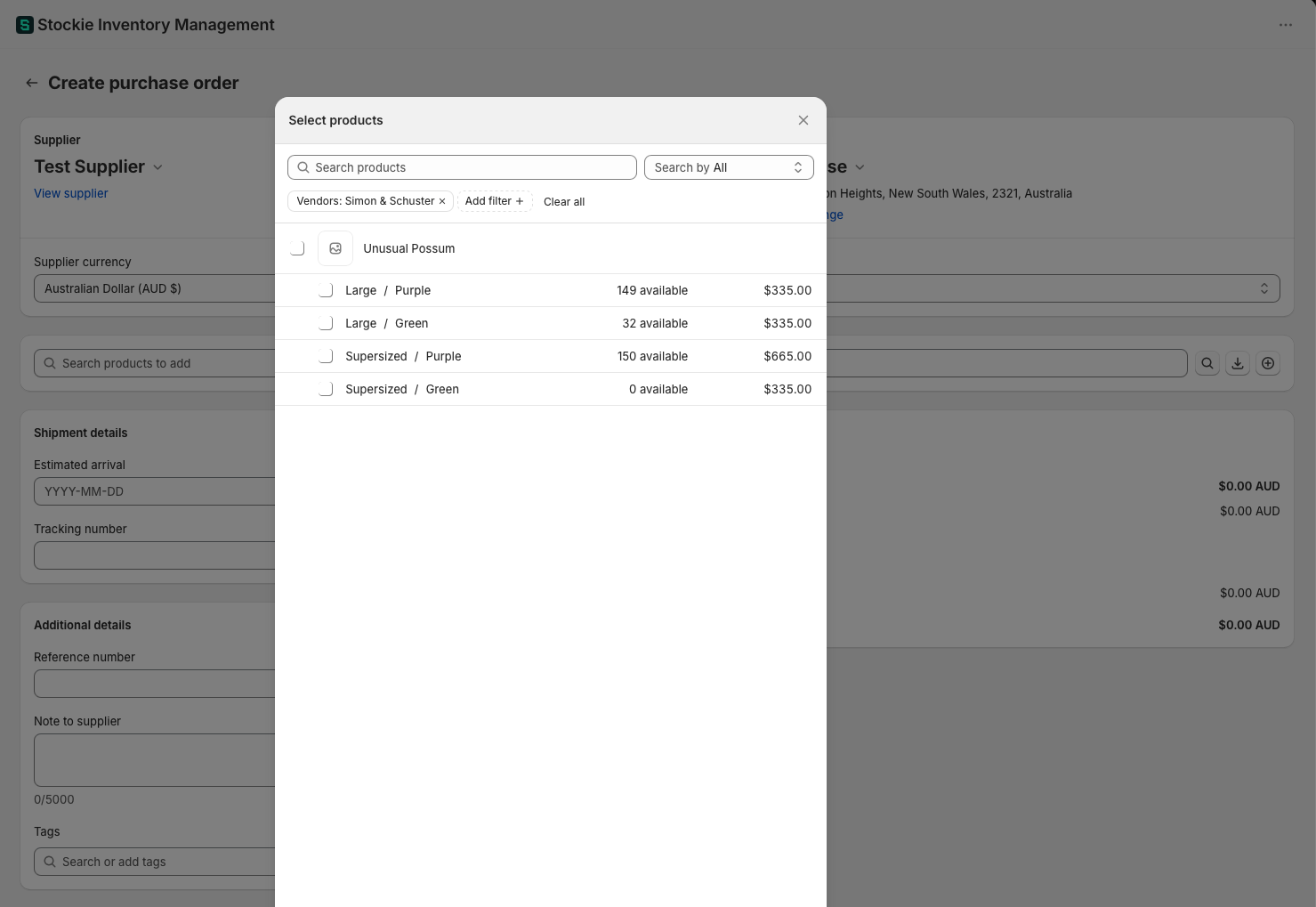 The product picker filtered to one supplier's products