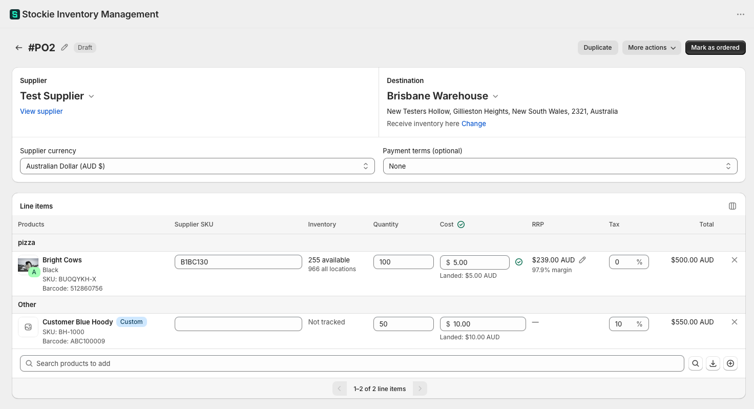 A purchase order with several line items, showing the Inventory column populated