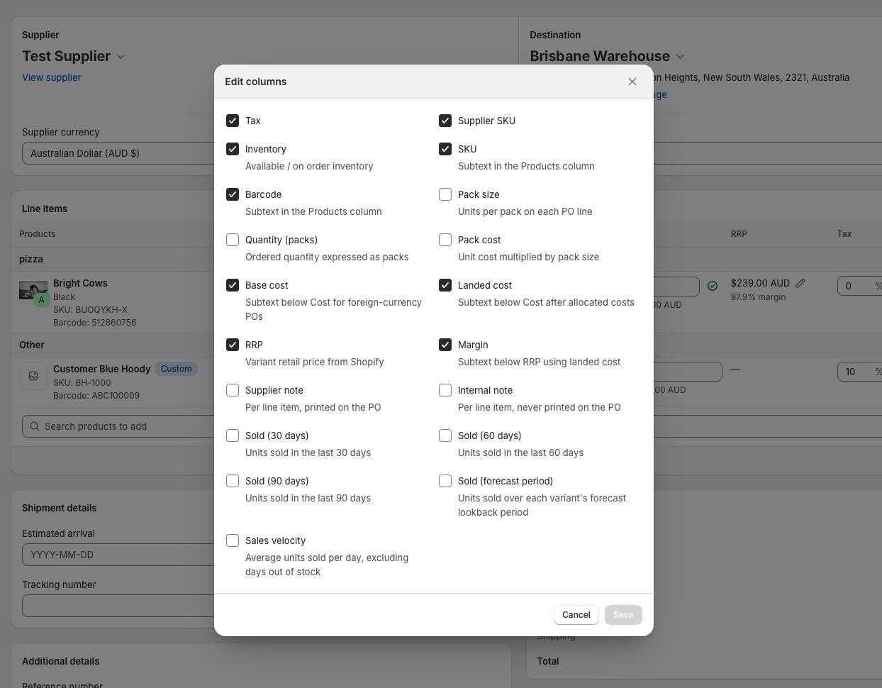 A purchase order with several line items, showing the Inventory column populated