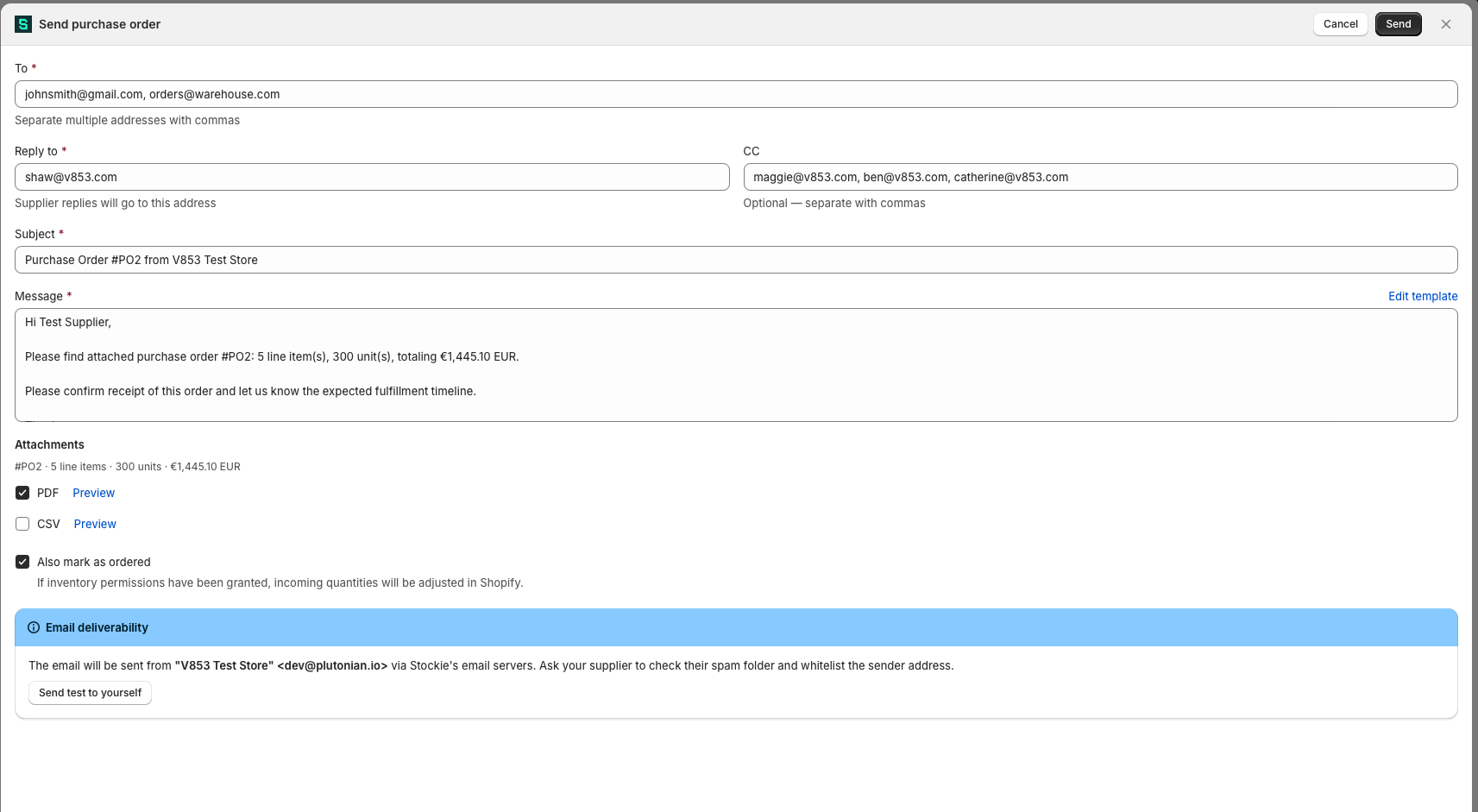 The send window showing recipients, subject and message