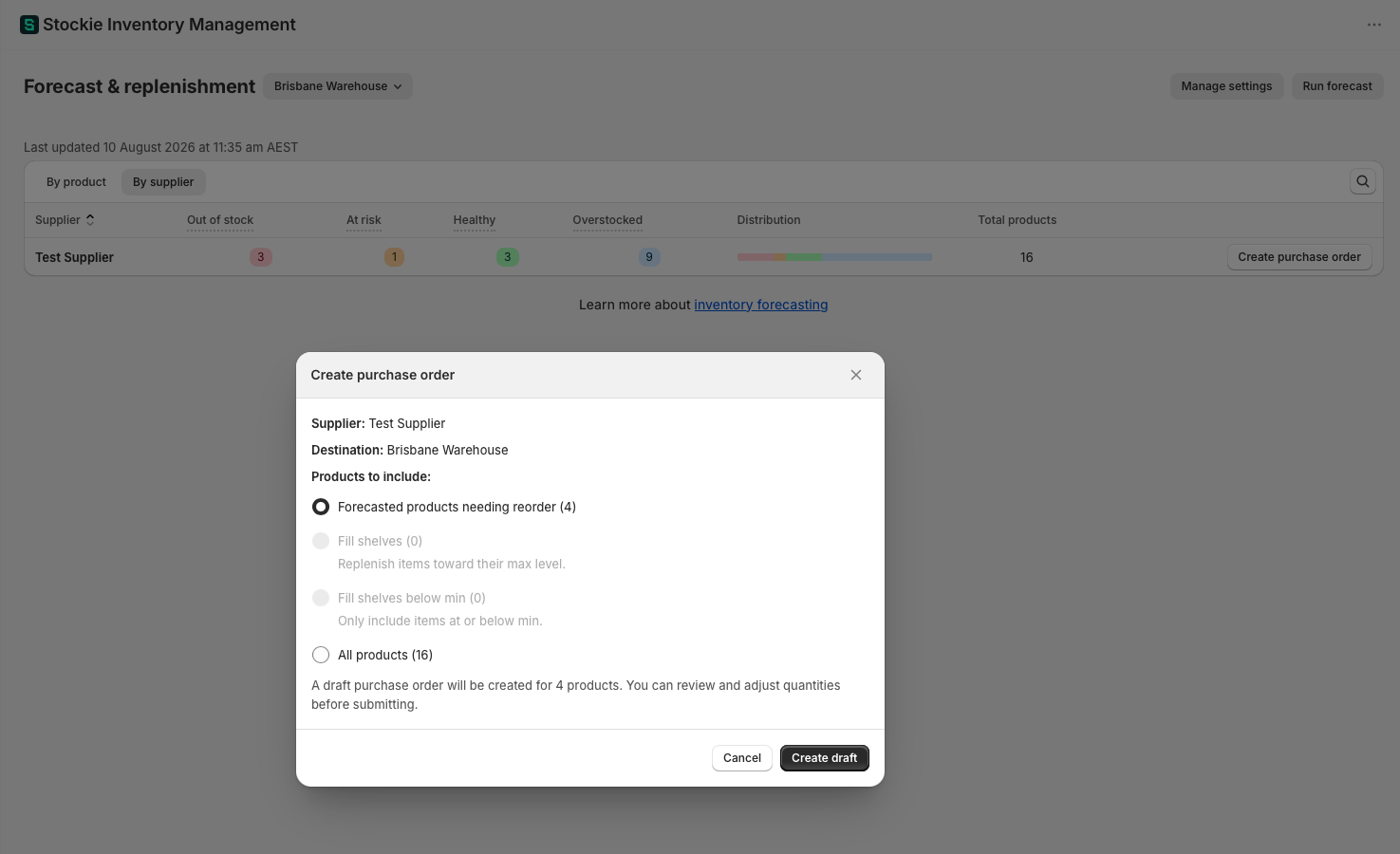 The create purchase order modal showing the population options