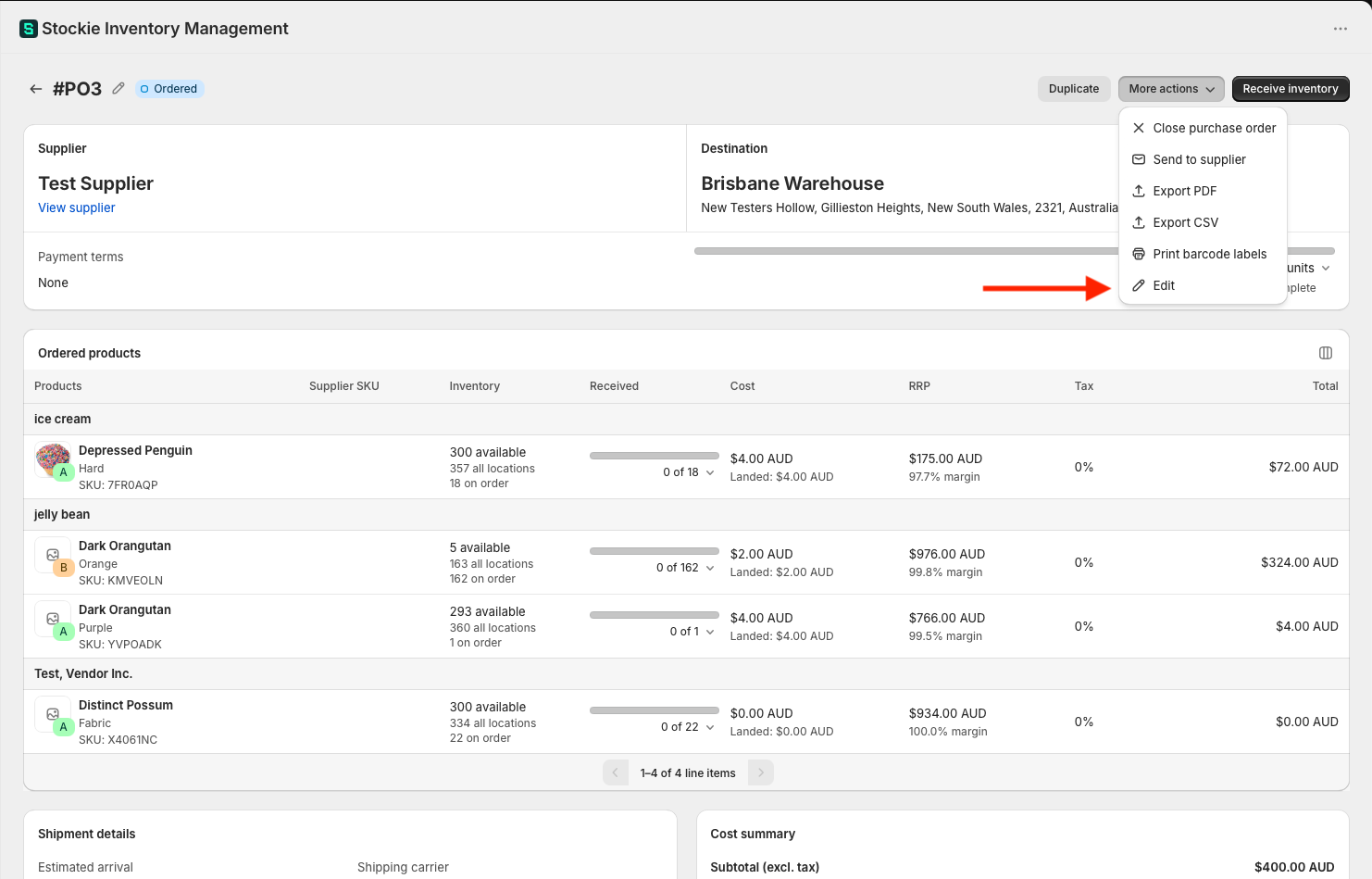 The More actions menu on an ordered purchase order with Edit visible