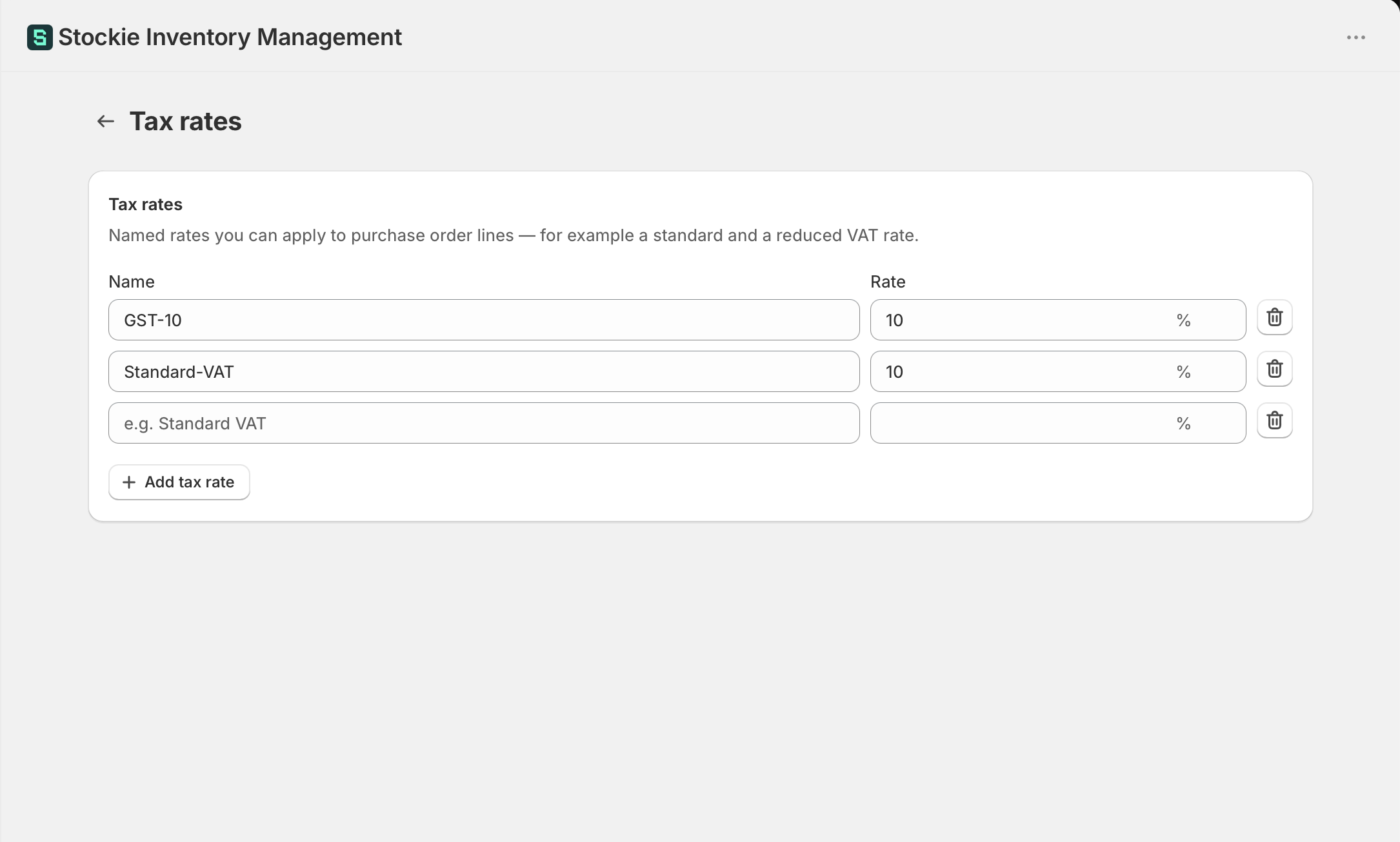 The tax rates screen with two named rates
