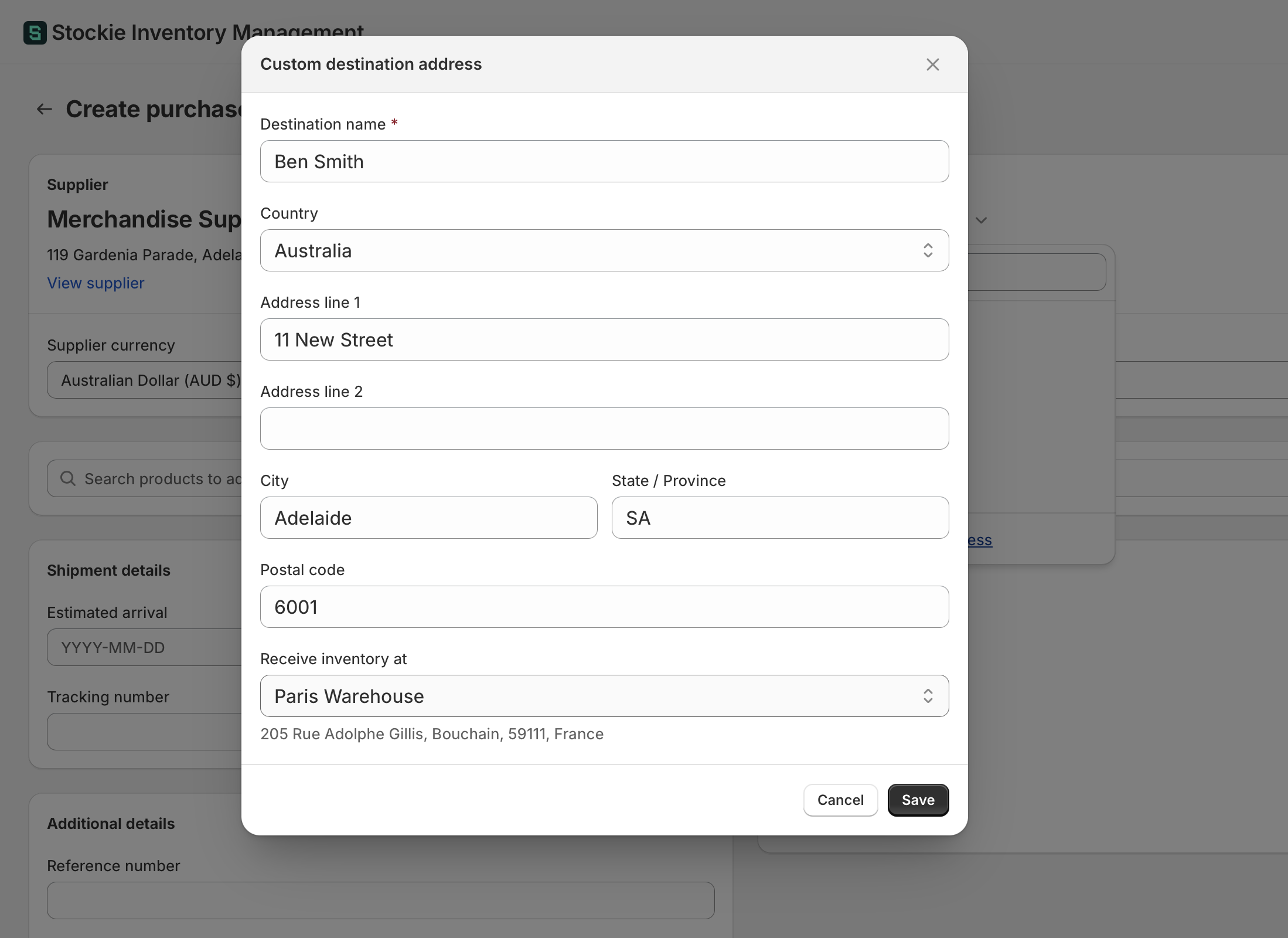 The custom destination address entered, with Receive inventory at set to a Shopify location