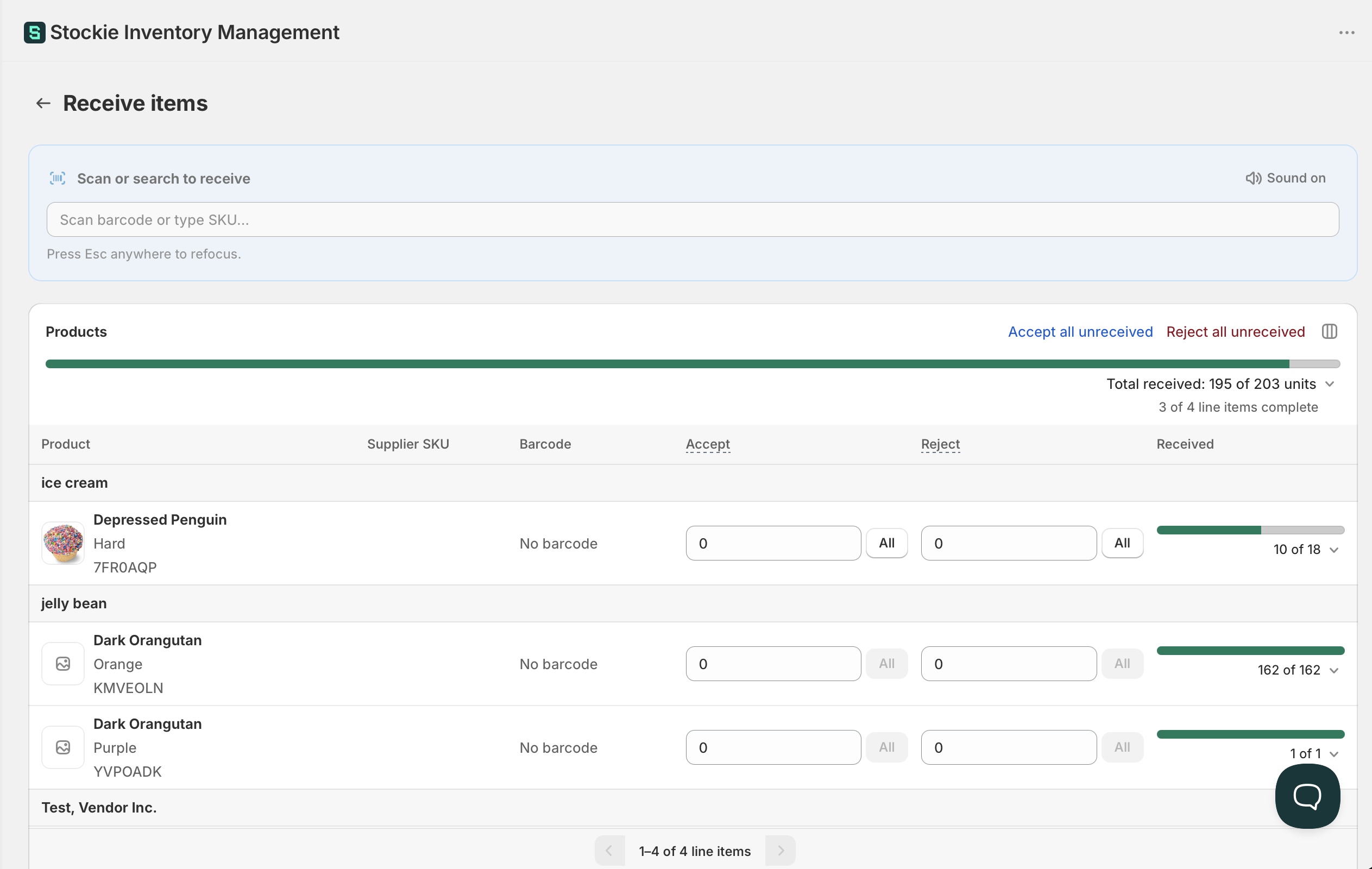The receive screen with the Accept and Reject columns side by side, and the progress bar above