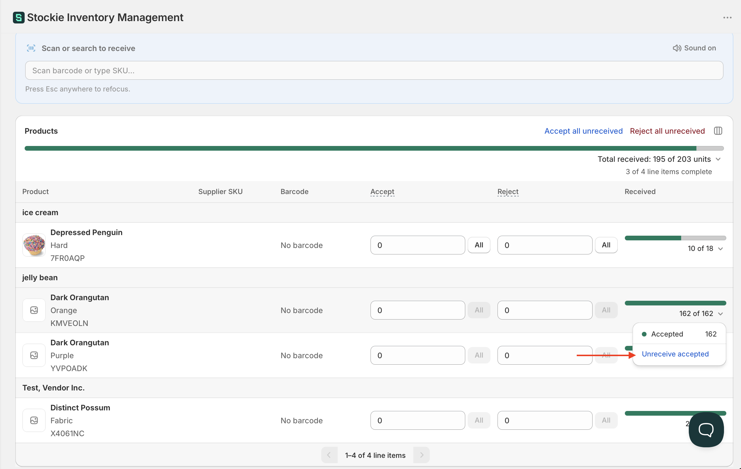 The received quantity opened on a line item, showing Unreceive inventory and Undo rejection