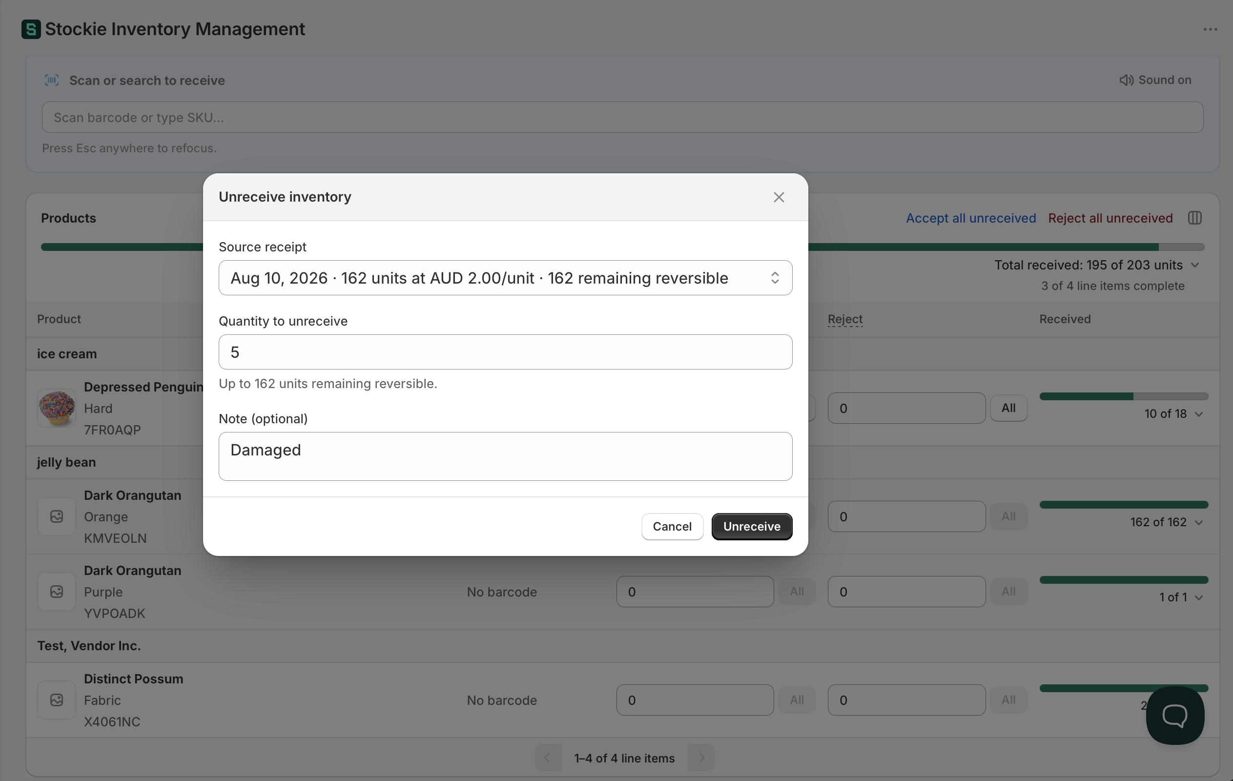 The received quantity opened on a line item, showing Unreceive inventory and Undo rejection