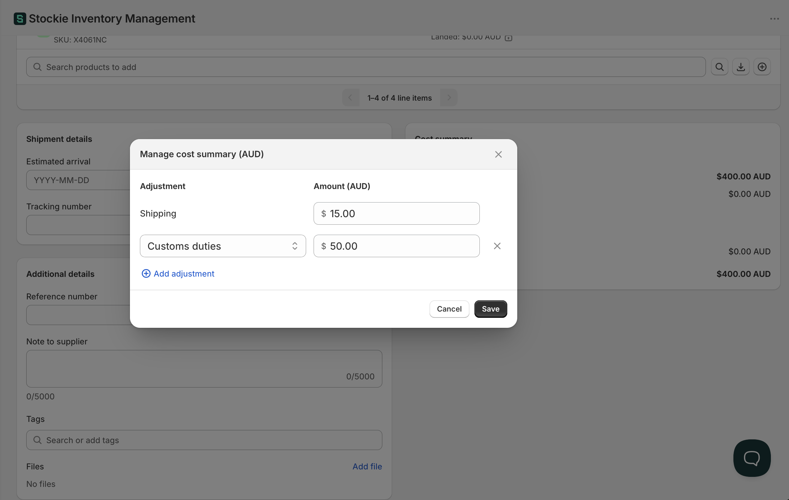 The cost summary panel with shipping and a customs duties line added