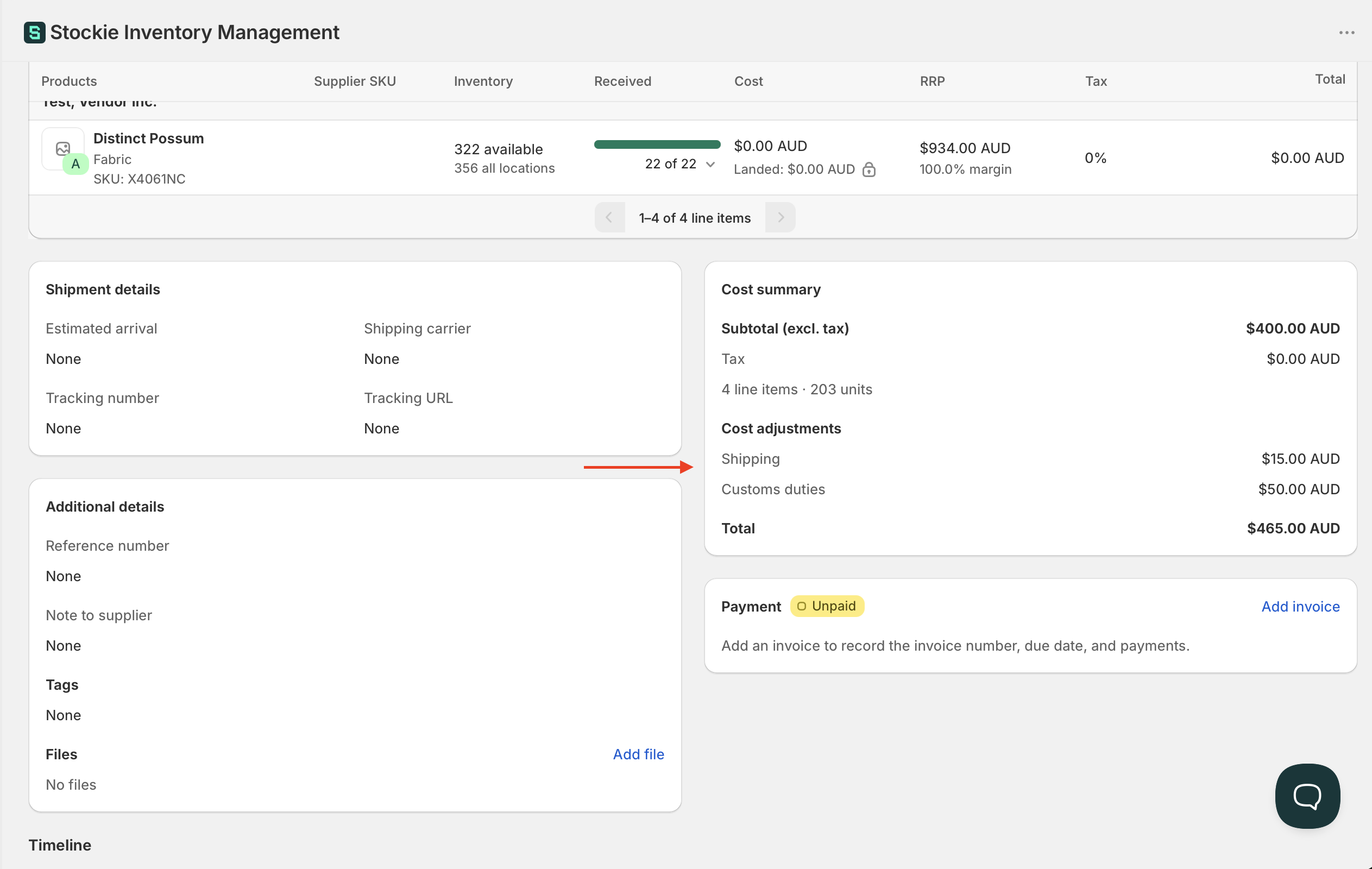 Adding a cost adjustment, with the type and amount fields