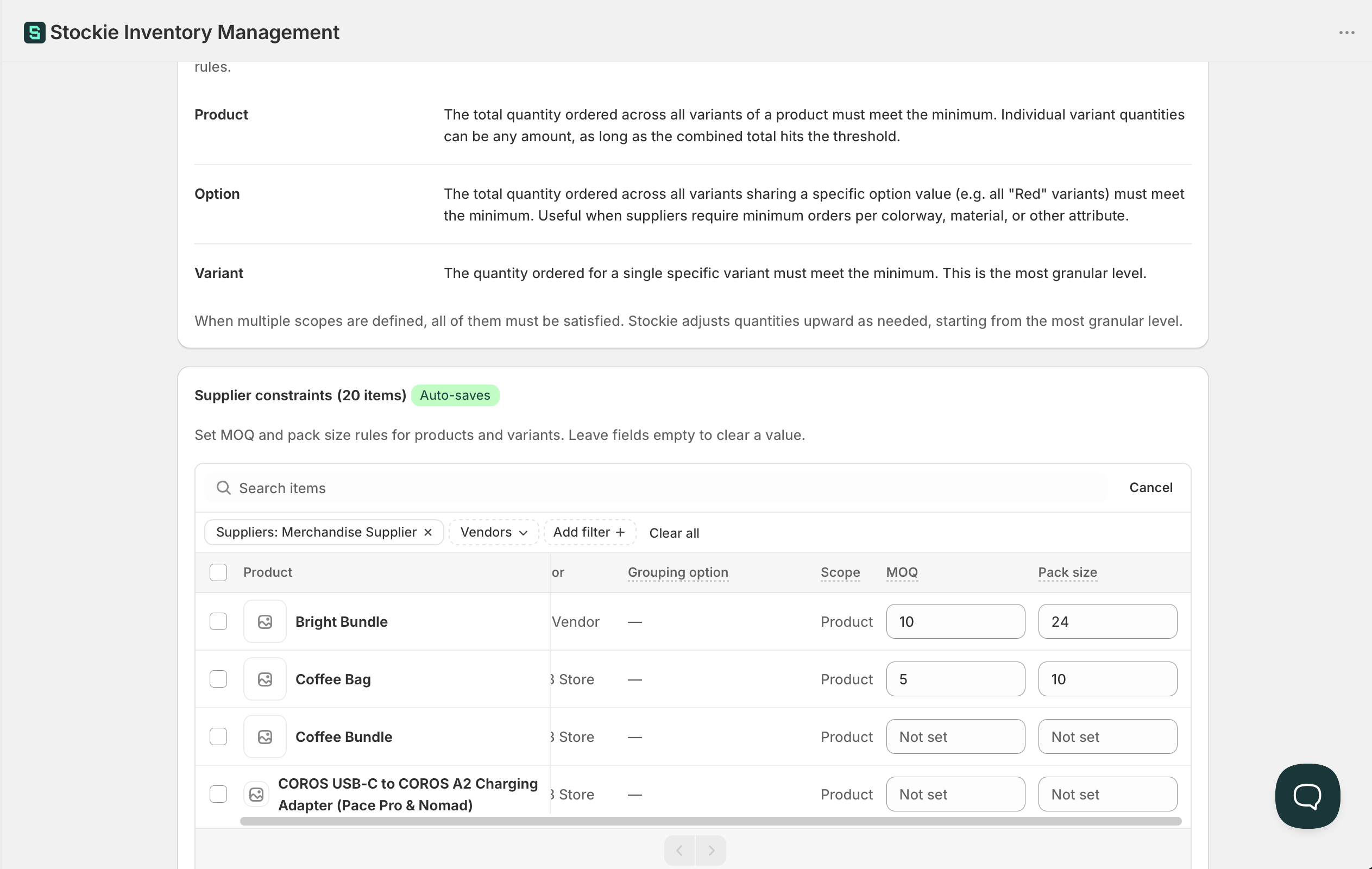 The Supplier MOQs screen showing an MOQ and pack size set against a supplier