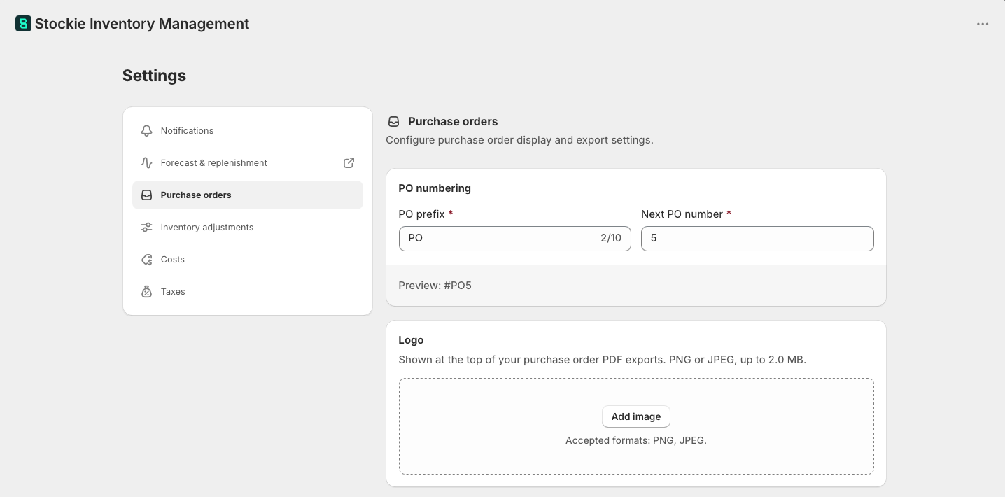 The PO prefix and Next PO number fields on the purchase order settings page