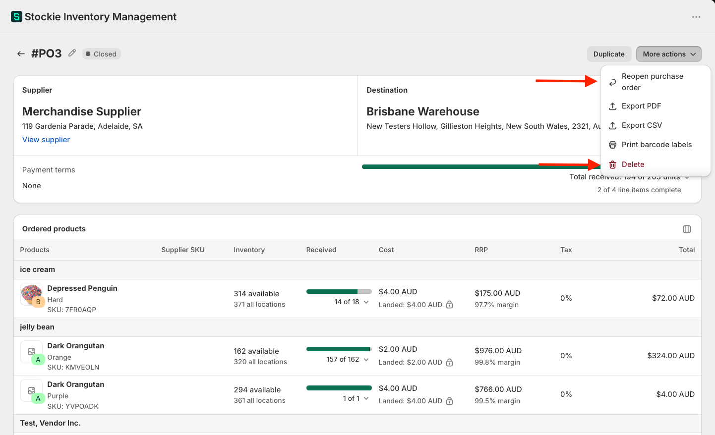 The More actions menu on a closed purchase order, with Reopen purchase order and Delete visible