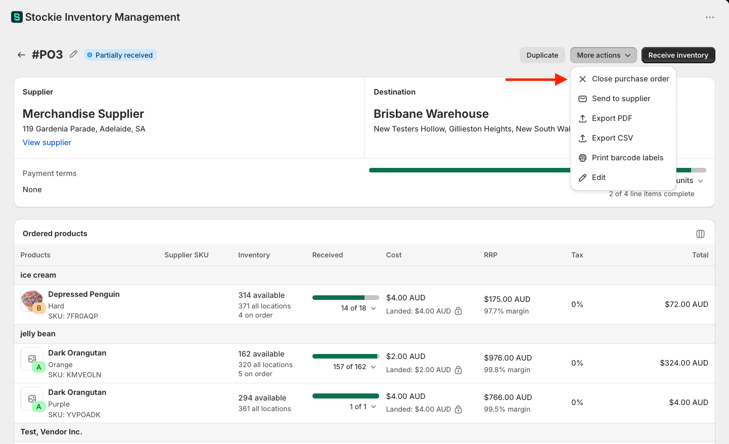 The More actions menu on a closed purchase order, with Reopen purchase order and Delete visible
