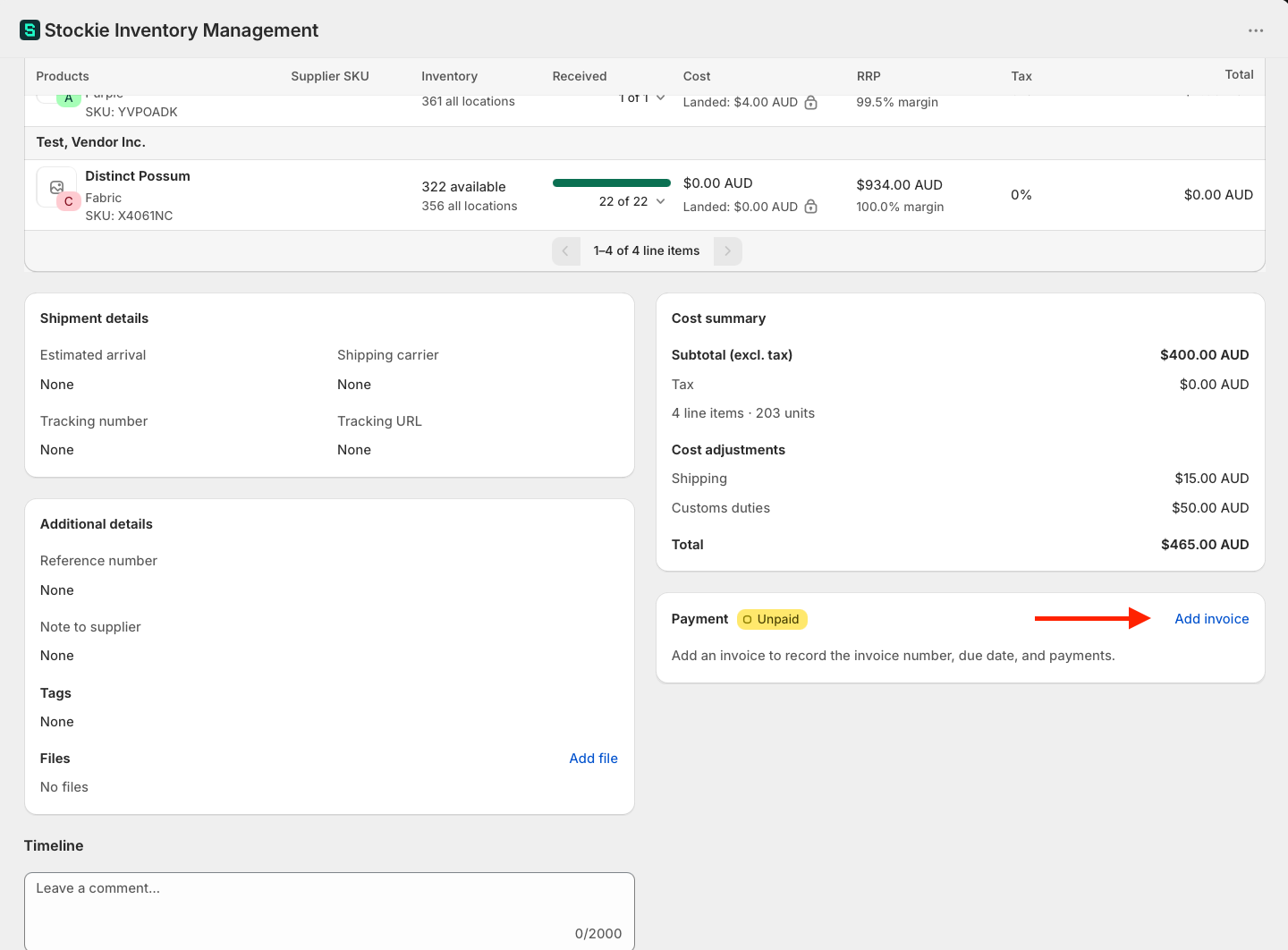 A purchase order with an invoice recorded and its payment status showing