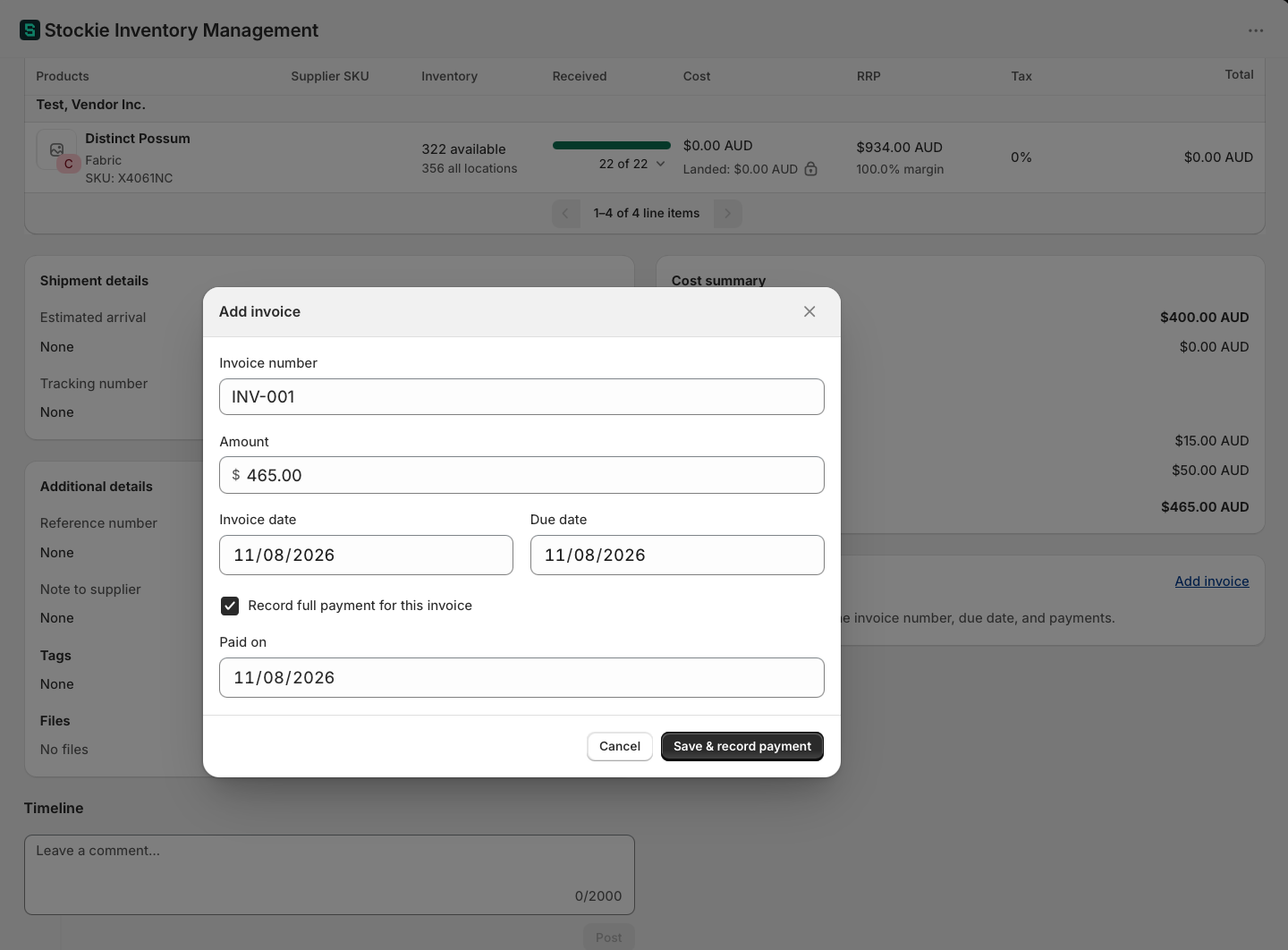 A purchase order with an invoice recorded and its payment status showing