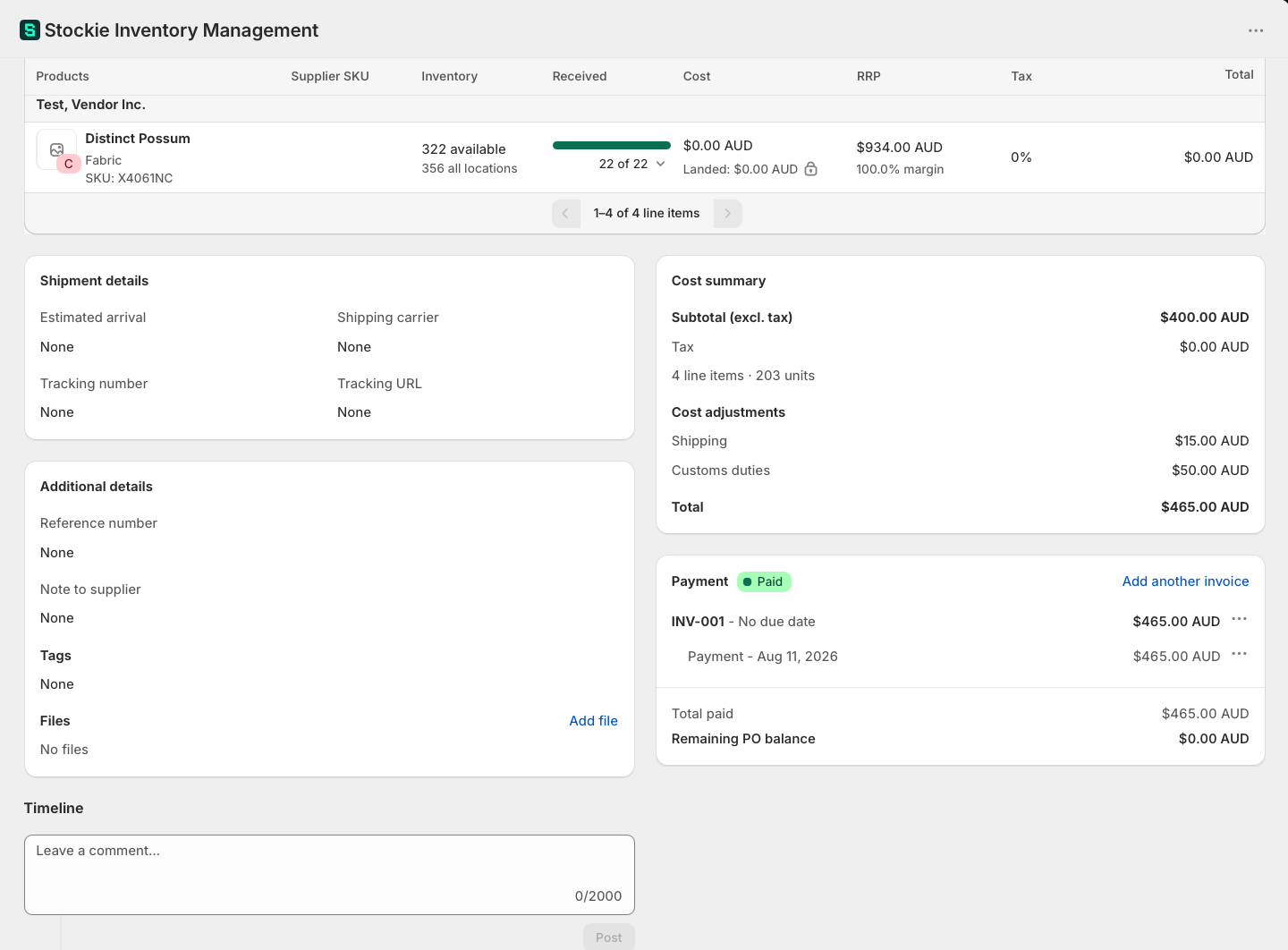 A purchase order with an invoice recorded and its payment status showing