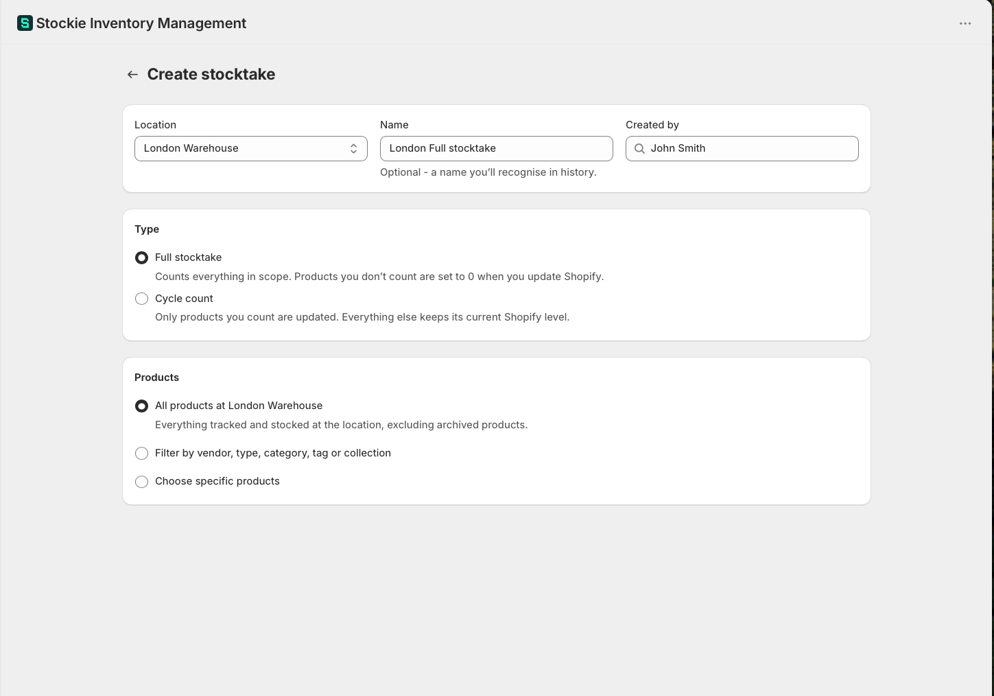 The Create stocktake form with location, type and product scope selected