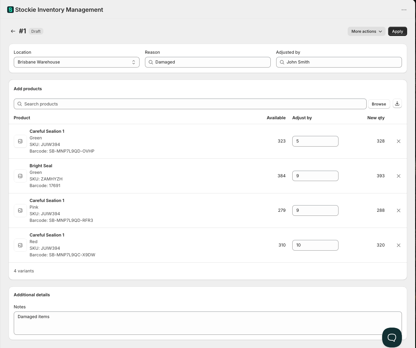 The Create adjustment screen with a location selected and several product lines with reasons