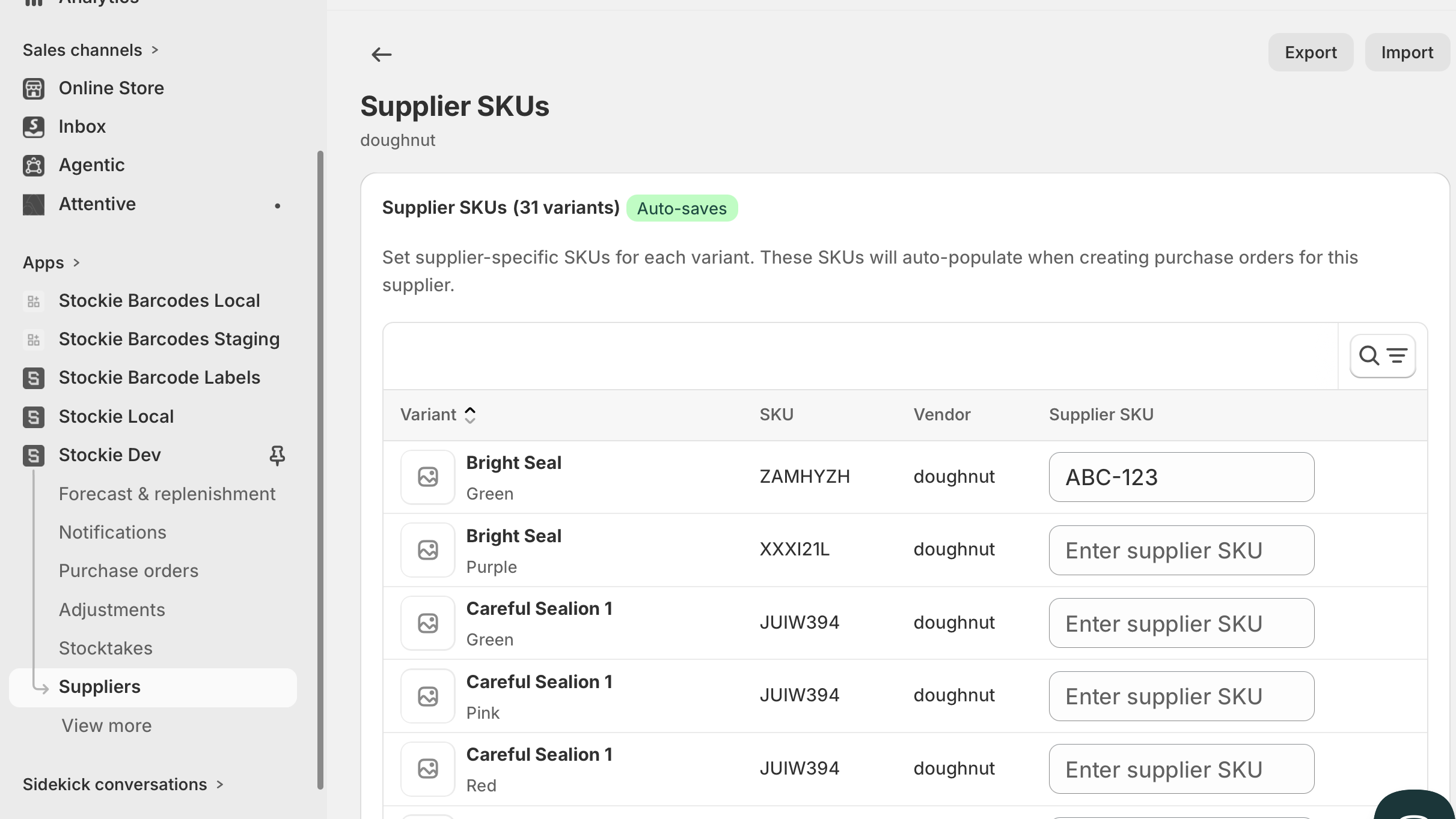 The Supplier SKUs screen for a supplier, with the Export and Import controls visible