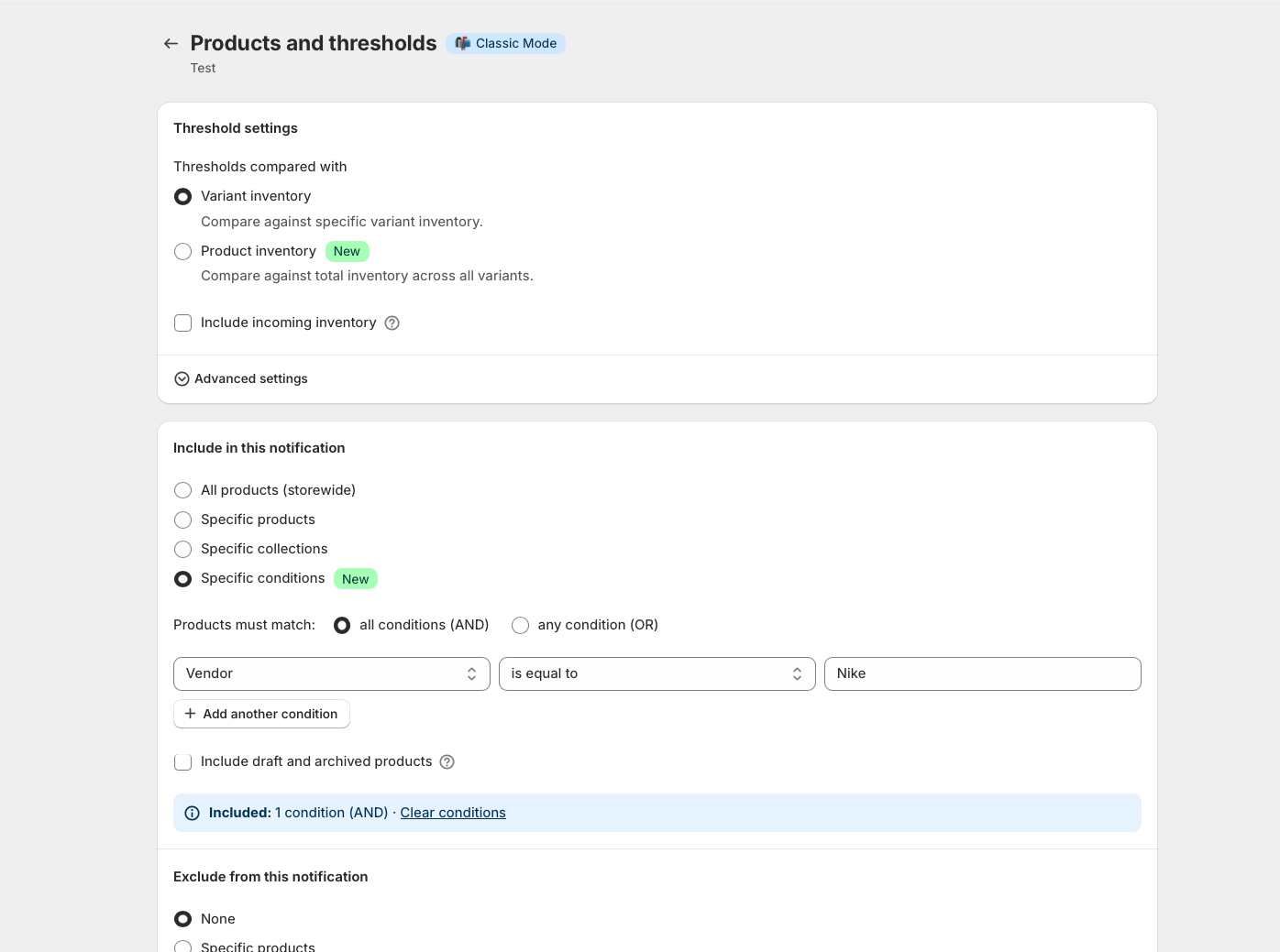 A notification's include settings with Specific conditions selected and a vendor condition configured