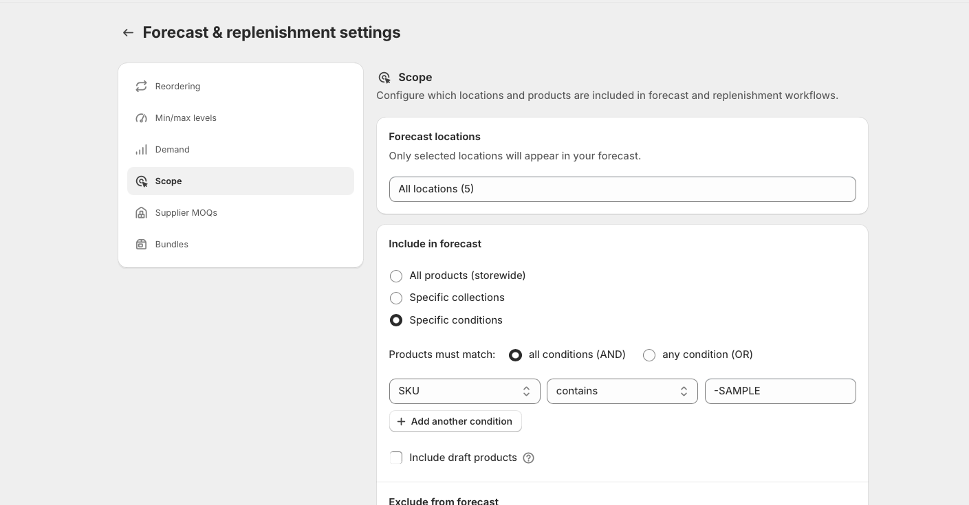 A condition configured as SKU contains, with a value entered